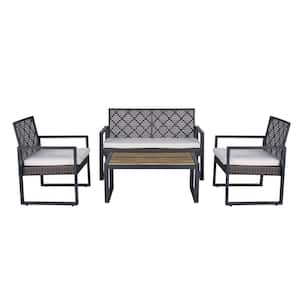 4-Piece Wicker Patio Conversation Set With Beige Cushions, Acacia Wood Table Top, Morden Brown