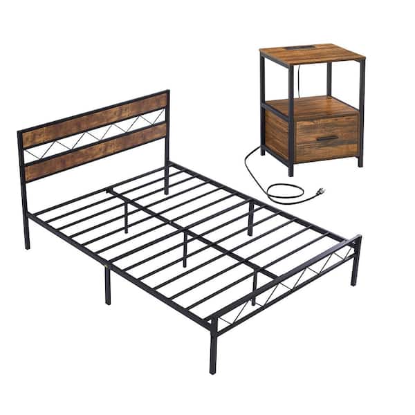 Platform Bed Frame & Nightstand with Charging Station Set 3-Piece Brown Metal + Wood Queen Bedroom Set