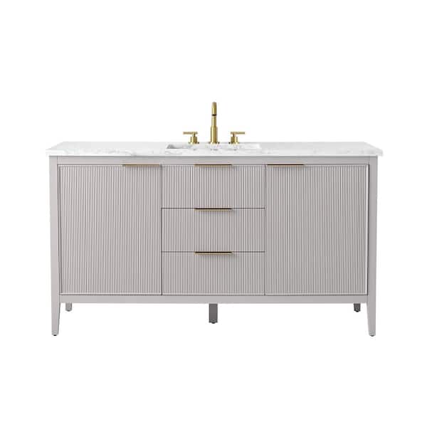 Emma 60 in. W Bath Vanity in Taupe with Engineered Stone Top in Arabescato with White Sink