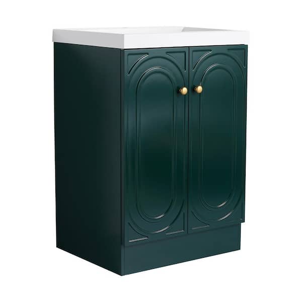 24 in. Single Sink Freestanding Green Bath Vanity with White Resin Top, Adjustable Shelf, Customizable Metal Handles