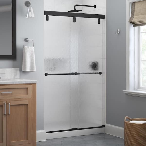 Delta Lyndall Mod 43-3/8 to 47-3/8 in. W x 71-1/2 in. H Soft-Close Frameless Sliding Shower Door, Matte Black, Rain Glass