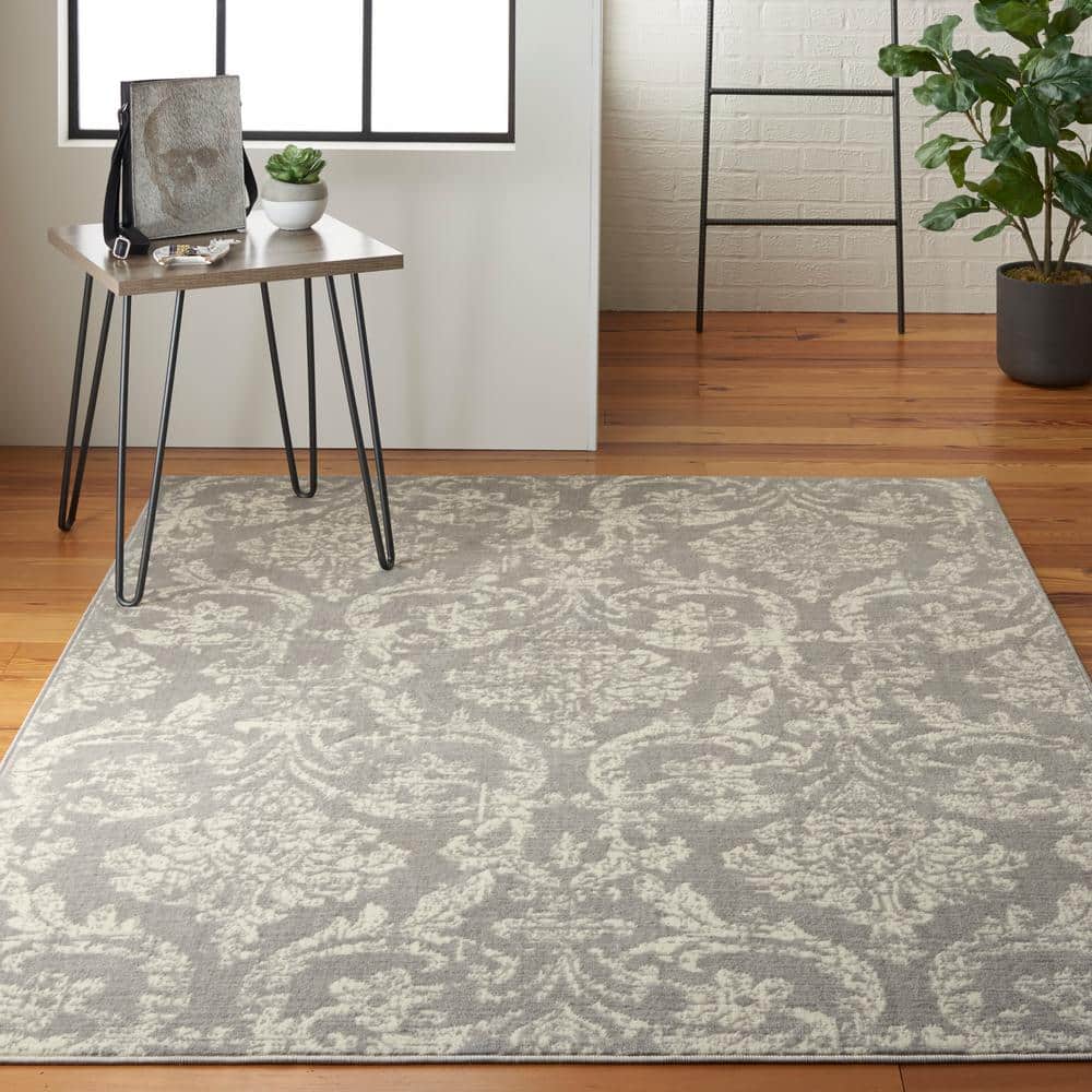 Gray and Ivory Damask 5'3" x 7'3" Synthetic Area Rug