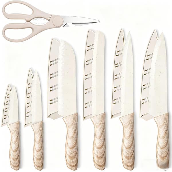 13-Piece High Carbon Stainless Steel Knife Set with 6 Blade Guards in White, Blade with Nonstick Ceramic Coating