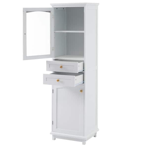 18 in. W x 14 in. D x 63 in. H White MDF Freestanding Linen Cabinet with Glass Door, 2-Drawers