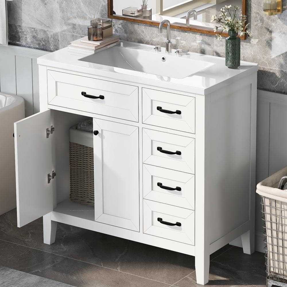 36.02 in. W x 18.31 in. D x 35.7 in. H Freestanding Bath Vanity in White with White Ceramic Tops(Unassembled) price history on PriceWatchPro