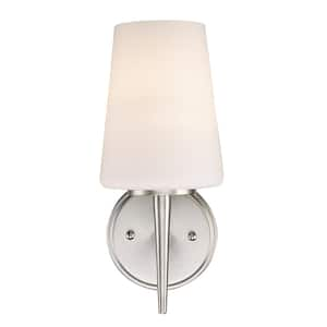 Horizon 1-Light Brushed Nickel Indoor Wall Sconce Light Fixture with Frosted Glass Shade