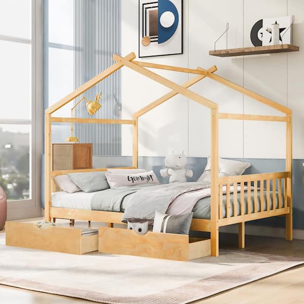 Brown Wood Frame Full Size House Platform Bed with 2-Drawers
