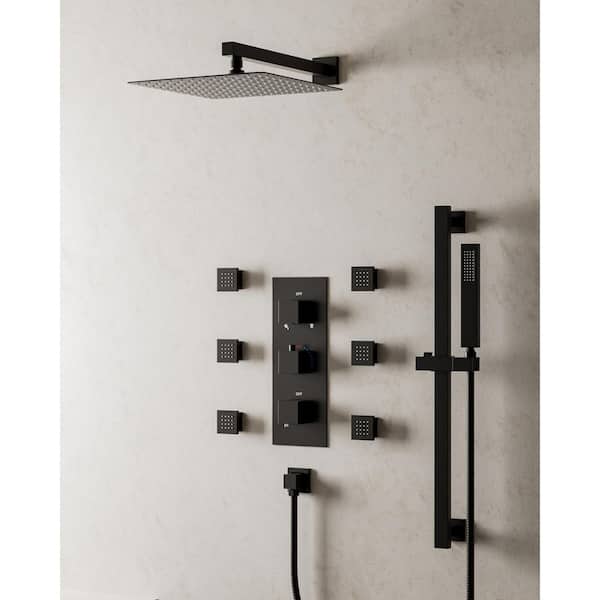 Thermostatic 3-Handle 12 in. Shower Faucet 2.5 GPM with 5-Spray Patterns 6-Jets in Matte Black (Valve Included)