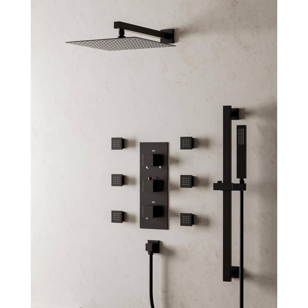 Thermostatic 3-Handle 12 in. Shower Faucet 2.5 GPM with 5-Spray Patterns 6-Jets in Matte Black (Valve Included) price history on PriceWatchPro