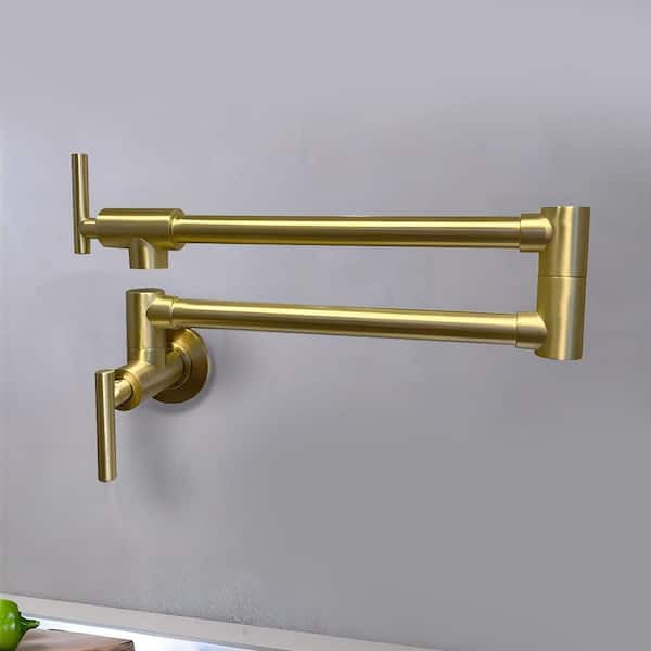 Wall Mount Pot Filler Faucet Double-Handle in Brushed Gold