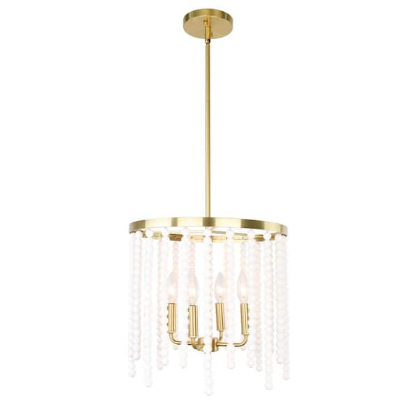PUDO 15 in. 4-Light Gold Bohemian Style Beaded Chandelier with Adjustable Height