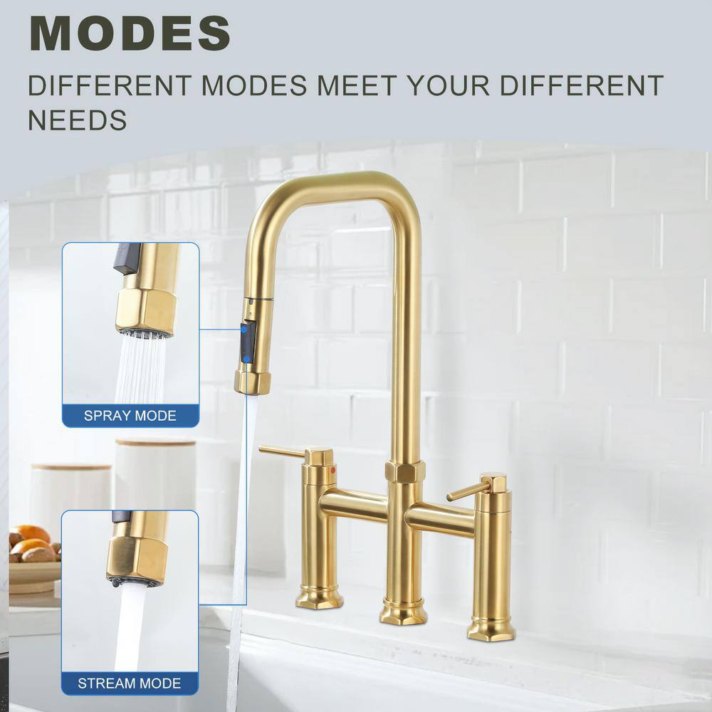 Brushed Gold Brass Double Handle Bridge Kitchen Faucet with Pull-out Spray