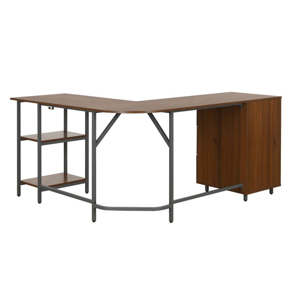 Rustic Walnut Wood Corner Gaming Desk with Drawer Storage