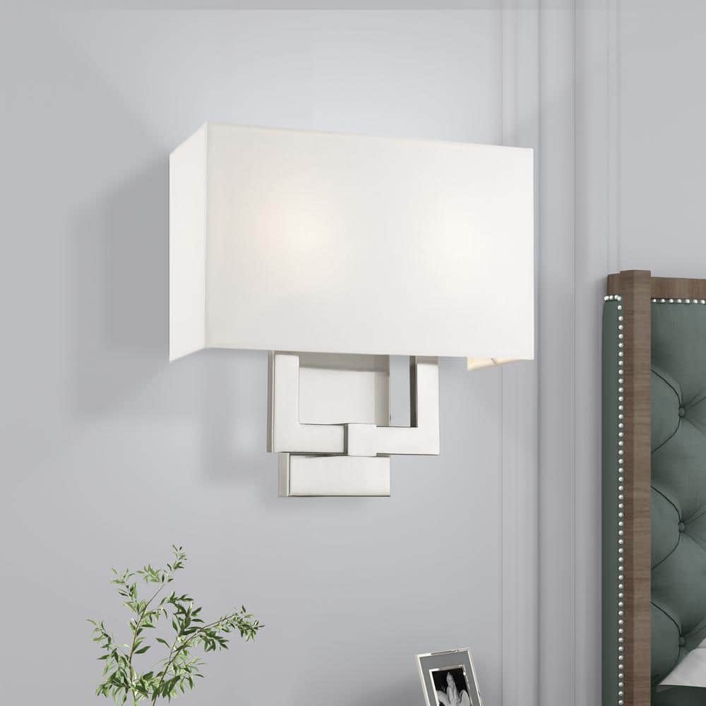 Hollborn Brushed Nickel 2-Light Wall Sconce with Off-White Fabric Shade
