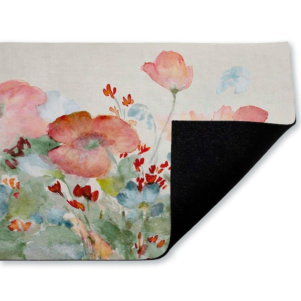 Day with Pink Flowers Green 18 in. x 30 in. Polyester Non-Slip Outdoor Door Mat