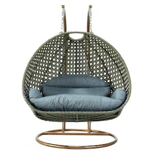 Beige Wicker Hanging 2-Person Egg Swing Chair Porch Swing With Charcoal Blue Cushions