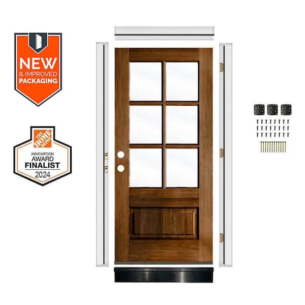DIY 36in.x80in. Farmhouse Right-Handed 6 Lite Clear Glass Provincial Stain Wood Front Door Kit w/ Quick Assemble Jamb