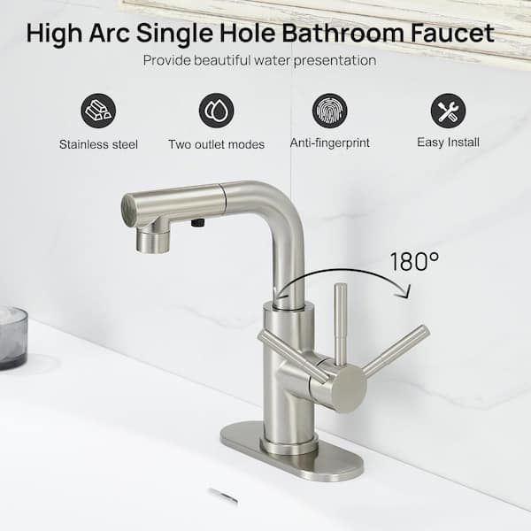Single Handle Pull Down 3 Modes Sprayer Bathroom Sink Faucet with Deckplate Included and Pop-up Drain in Brushed Nickel