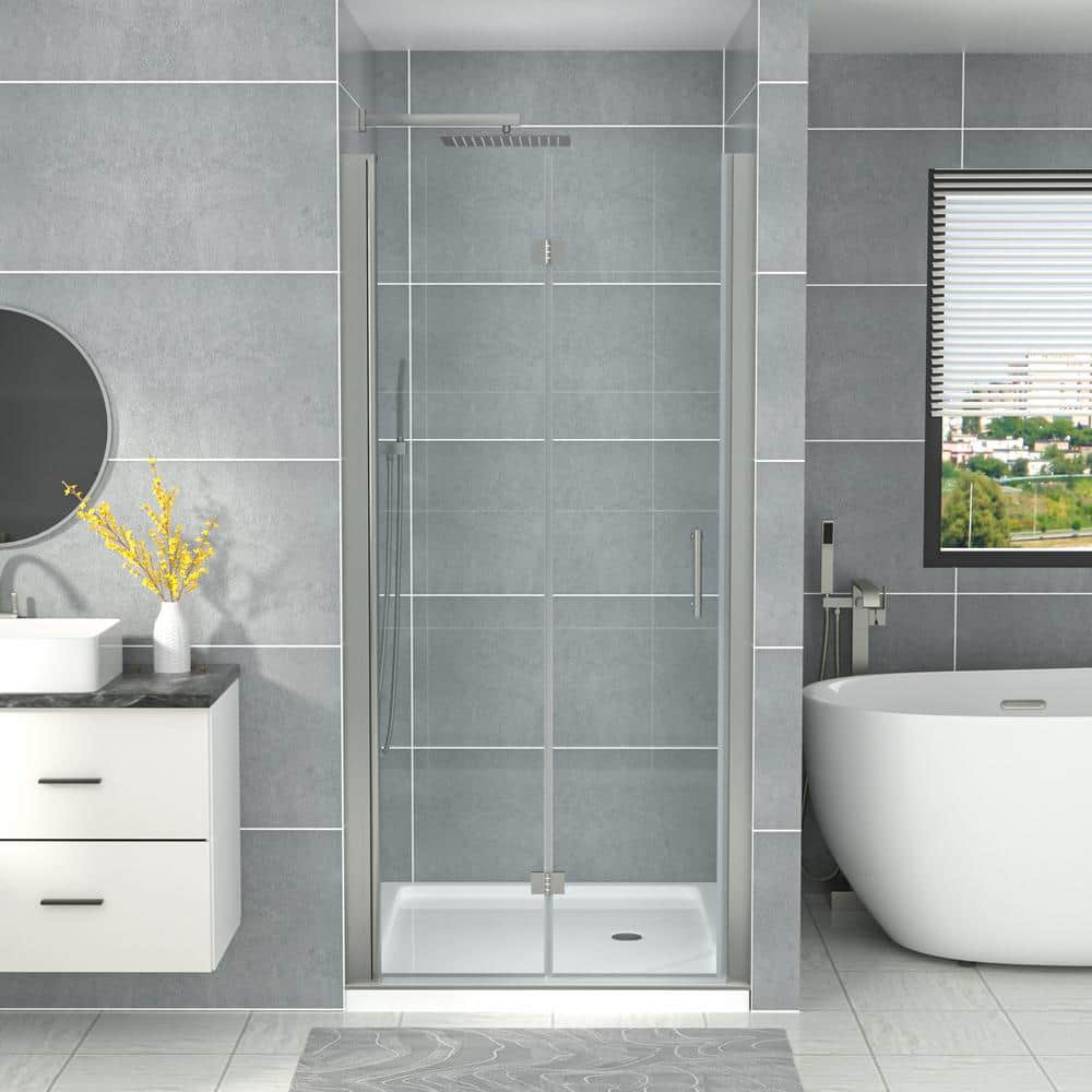 Sarlai 34 in. W x 72 in. H Bifold Semi-Frameless Shower Door in Brushed ...