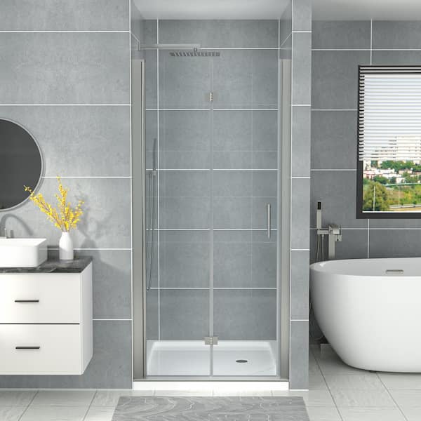 Sarlai 34 in. W x 72 in. H Bifold Semi-Frameless Shower Door in Brushed Nickel Finish with Clear Glass