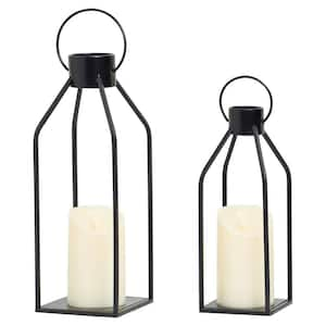 15 in. and 12 in. Modern Farmhouse Metal Candle Lanterns with Timer Flickering Candles for Indoor and Outdoor, Black