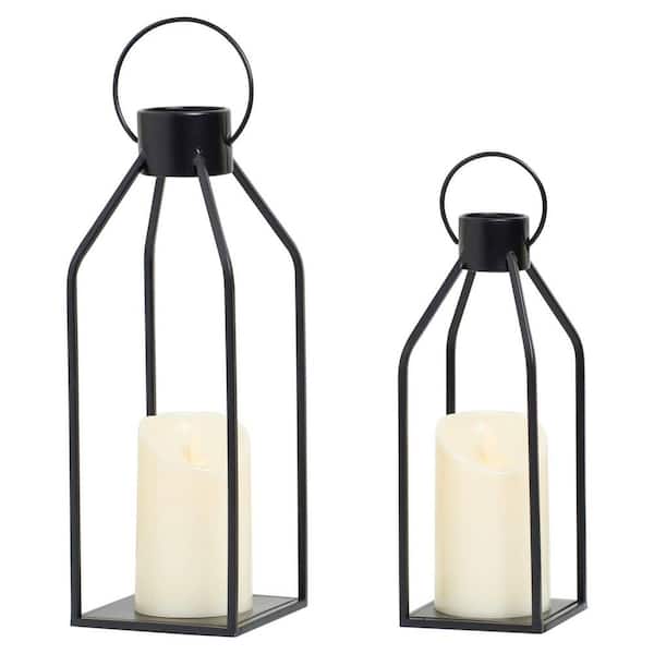 Angel Sar 15 in. and 12 in. Modern Farmhouse Metal Candle Lanterns with Timer Flickering Candles for Indoor and Outdoor, Black
