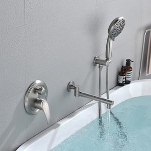 Single-Handle Wall Mount Roman Tub Faucet with Hand Shower in Brushed Nickel