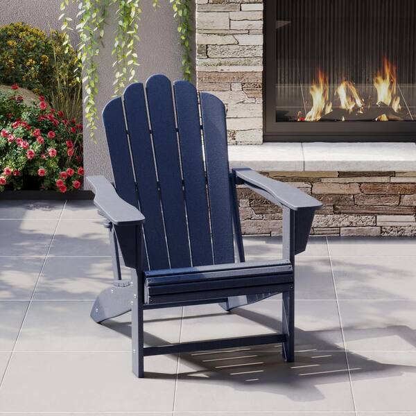 Aderson Outdoor Patio Weather Resistant Classic Poly Plastic Adirondack Chair with Cupholder in Navy Blue