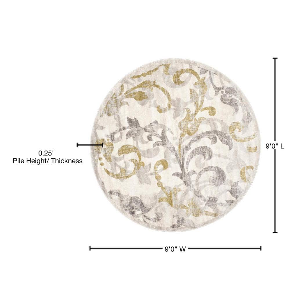 Ivory and Light Grey Round Baroque Print Area Rug