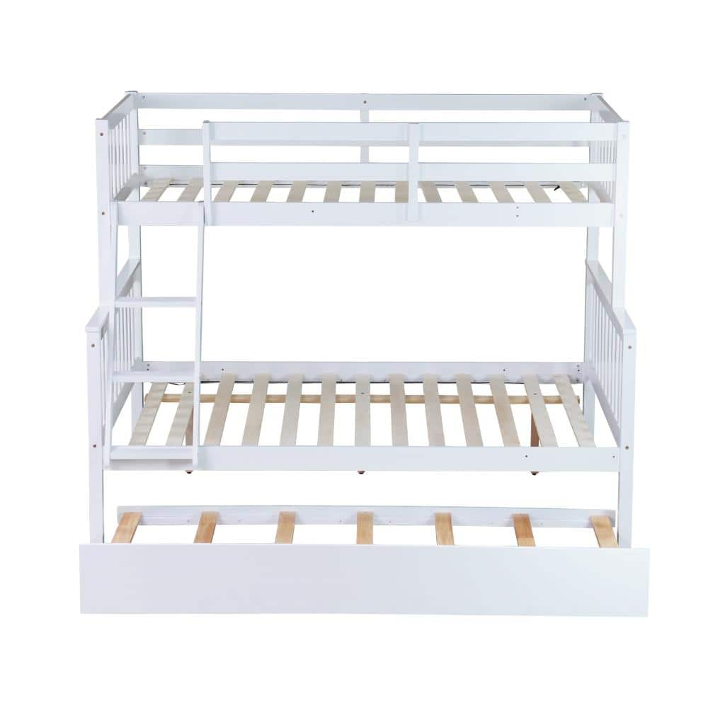 White Twin Over Full Rubber Wood Bunk Bed with Trundle, Convertible Ladder and Guardrail, Detachable price history on PriceWatchPro