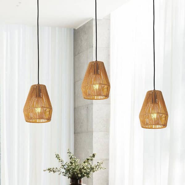 1 Light Farmhouse Brown Boho Pendant Light with Hemp Rope Shade, No Bulbs Included (3-Pack)
