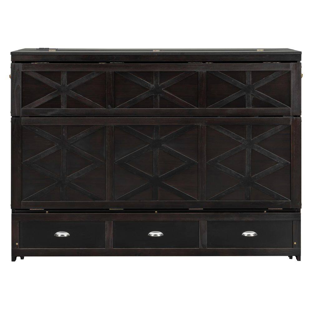 Brushed Gray Wood Frame Queen Size Murphy Bed with Large Drawers and USB - thumbnail 4