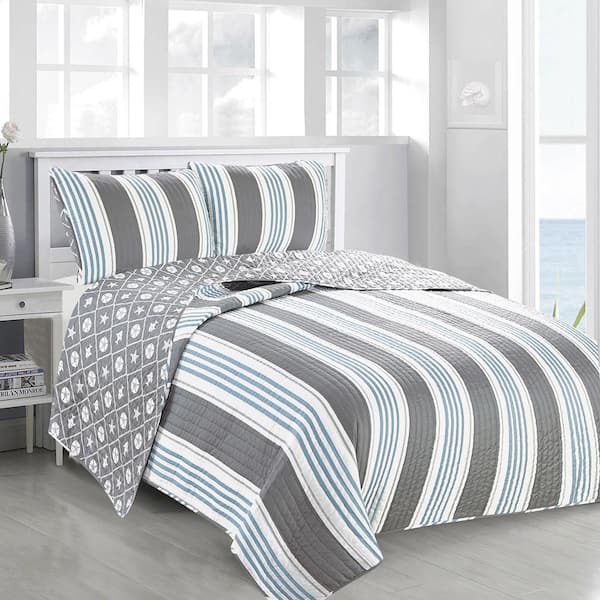 FRESHFOLDS Multi-Colored Reversible Nautical Striped King Microfiber 3-Piece Quilt Set Bedspread