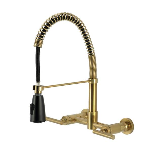 Manhattan 16.06 in. H 2-Handle Wall Mount Standard Kitchen Faucet in Brushed Brass