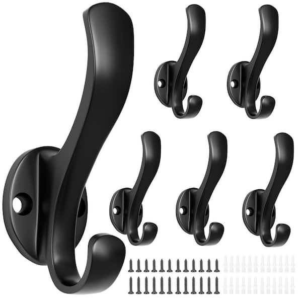 Heavy-Duty Wall-Mount Metal Coat Hooks in Black for Robes, Towels, Keys and Bags, 6-Piece Set, Brushed Finish