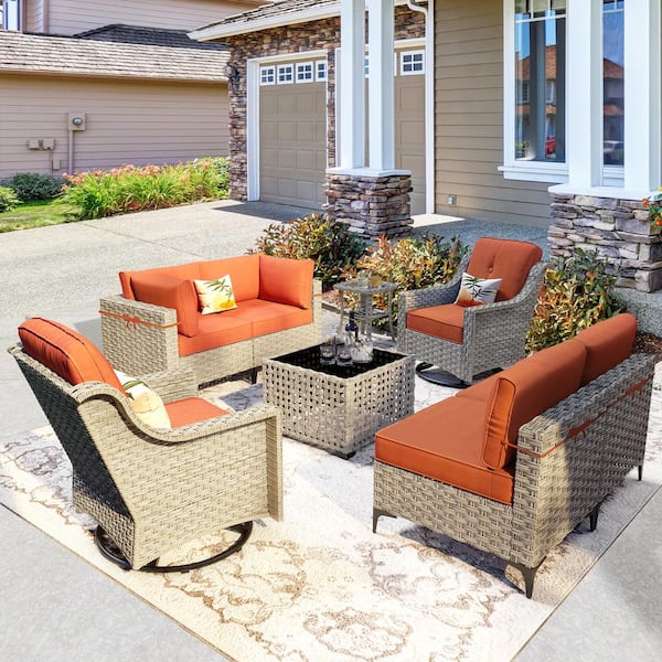 XIZZI Thor 8-Piece Wicker Patio Conversation Seating Sofa Set with Orange Red Cushions and Swivel Rocking Chairs
