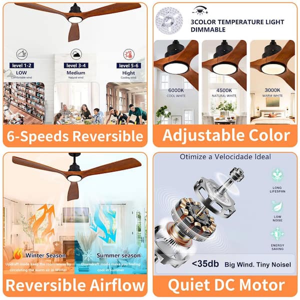 60 in. Black Propeller Downrod Ceiling Fan with Light, Brown Wood Blades, Dimmable LED, Reversible DC Motor