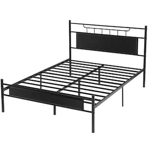 Industrial Bed Frame, Black Metal Frame Queen Platform Bed with Wood Headboard and Footboard, Under Bed Storage