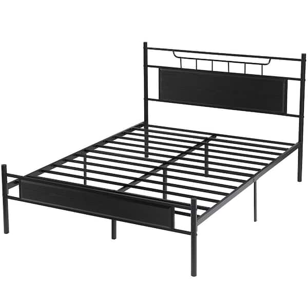 VECELO Industrial Bed Frame, Black Metal Frame Queen Platform Bed with Wood Headboard and Footboard, Under Bed Storage