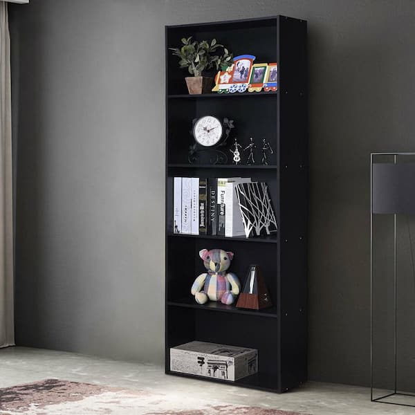 67 in. Black MDF 5-Shelfves Standard Bookcase with Storage