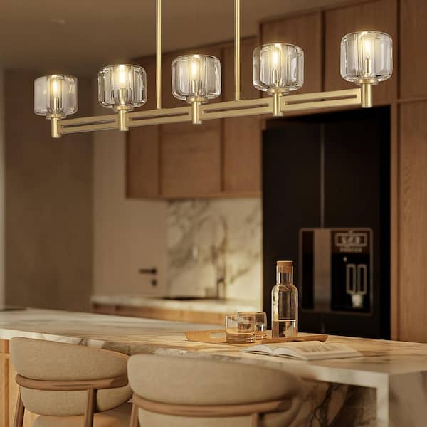 YUYI 54 in. 5-Light Gold Farmhouse Linear Chandelier with Crystal Lampshade for Dining Room, Living Room and Kitchen Island
