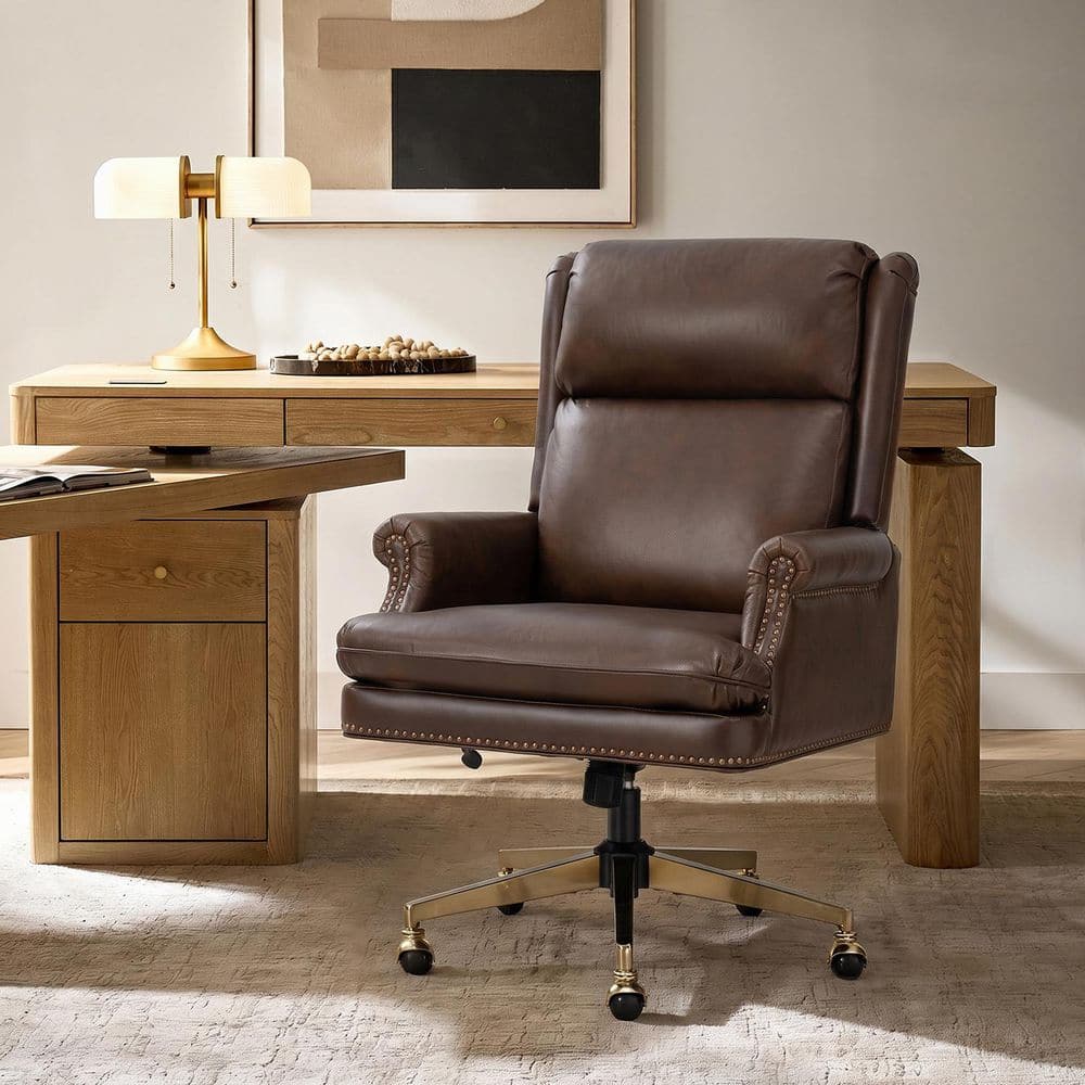 Ofelia Transitional High-Back Genuine Leather Executive Chair with Nailhead Trim and Tilting Function in Chocolate