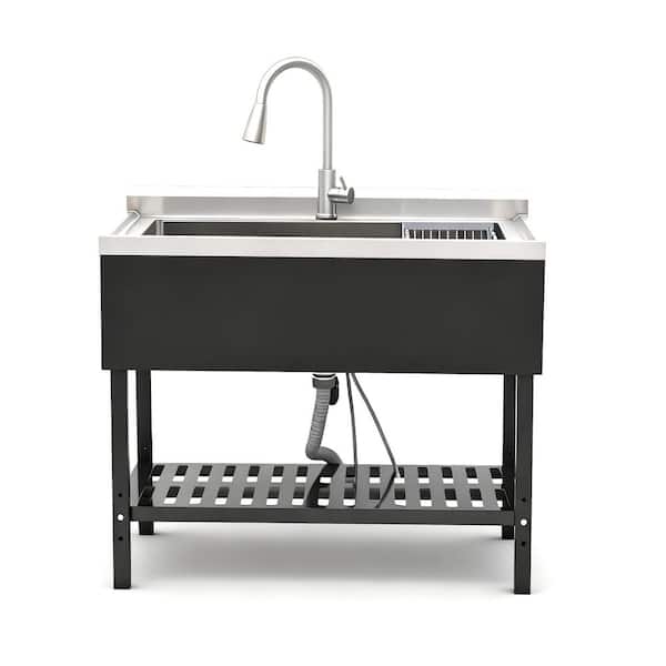 24 in. D x 40 in. W Freestanding Stainless Steel Utility Sink in Black with Pull-Out Faucet and Grille