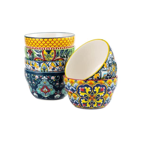 Set of 6 Hand-Painted 8 Oz Ceramic Small Bowls for Dessert, Dips, Yogurt, Ice Cream, and Sauces with Bohemian