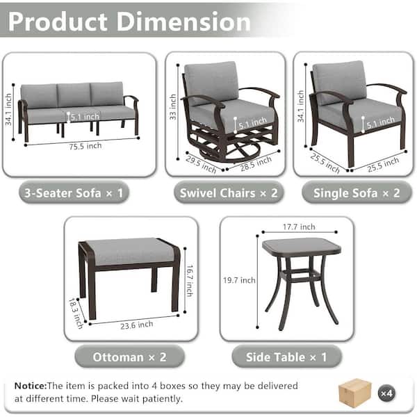 7-Piece Patio Aluminum Conversation Set with Ottoman, 2 Swivel Rocking Chairs with 360 lb. Capacity and Gray Cushions