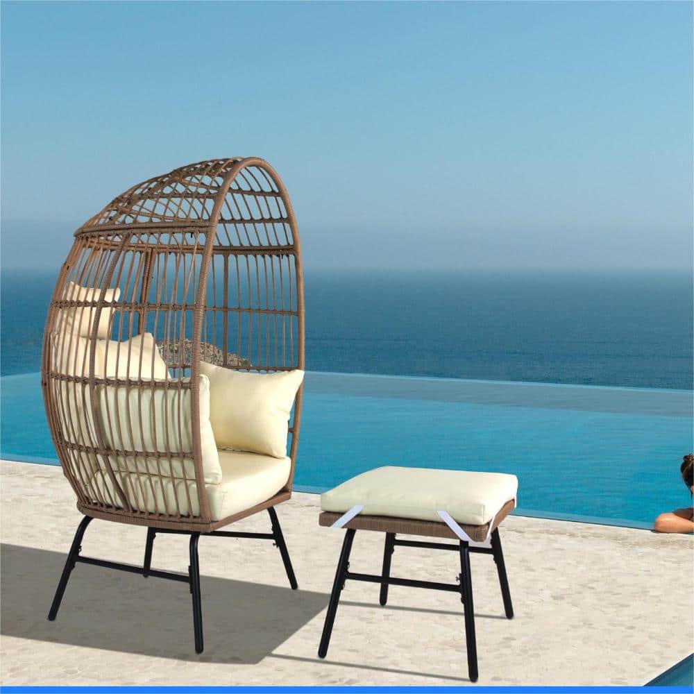 Outdoor Patio Wicker Lounge Egg Chair with Ottoman (White Cushion)