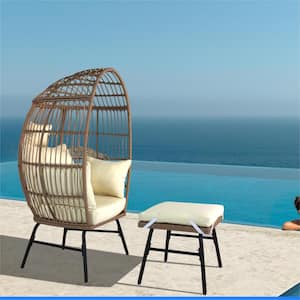 Outdoor Patio Wicker Lounge Egg Chair with Ottoman (White Cushion)