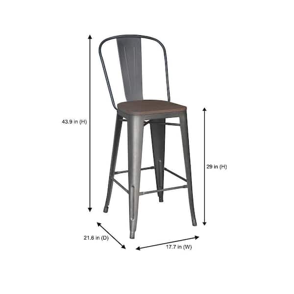 Finwick Matte Gunmetal Backed Bar Stool with Dark Wood Seat (Set of 2)