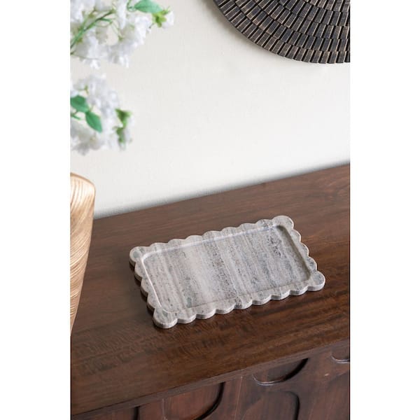 14 in. x 8 in. Scalloped Edge Marble Tray-Natural Gray Stone Serving and Display Tray
