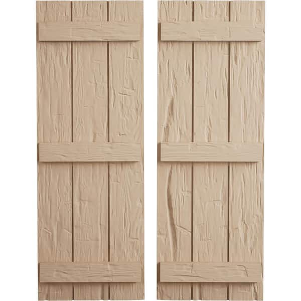 Ekena Millwork 16.5 in. x 64 in. Timberthane Polyurethane 3-Board Joined Board-n-Batten Hand Hewn Faux Wood Shutters Pair